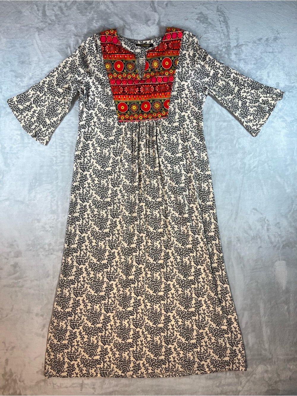 Lara Rosnovsky L 100% Cotton Embroidered Boho Midi Tunic Dress Bell Sleeve - Picture 2 of 15